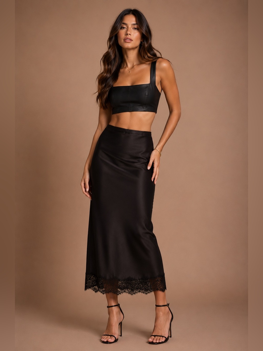 NWT Satin Lace Trim Pencil Midi Skirt - Black